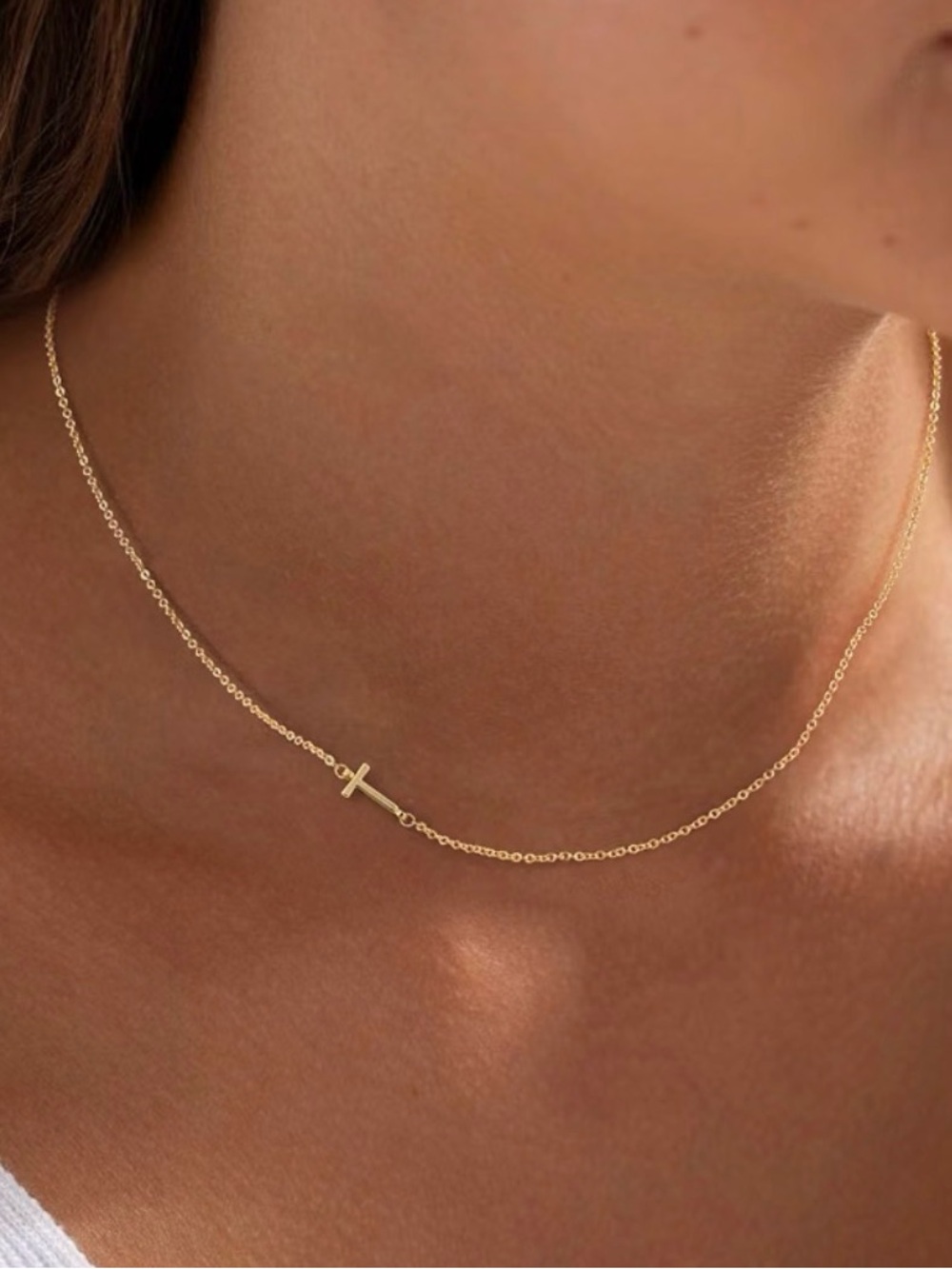 Gold Side Cross Necklace - Minimal Women's Jewelry